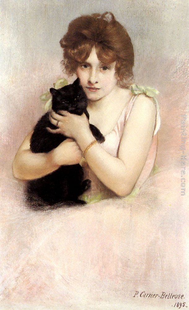 Young Ballerina holding a Black Cat painting - Pierre Carrier-Belleuse Young Ballerina holding a Black Cat art painting
